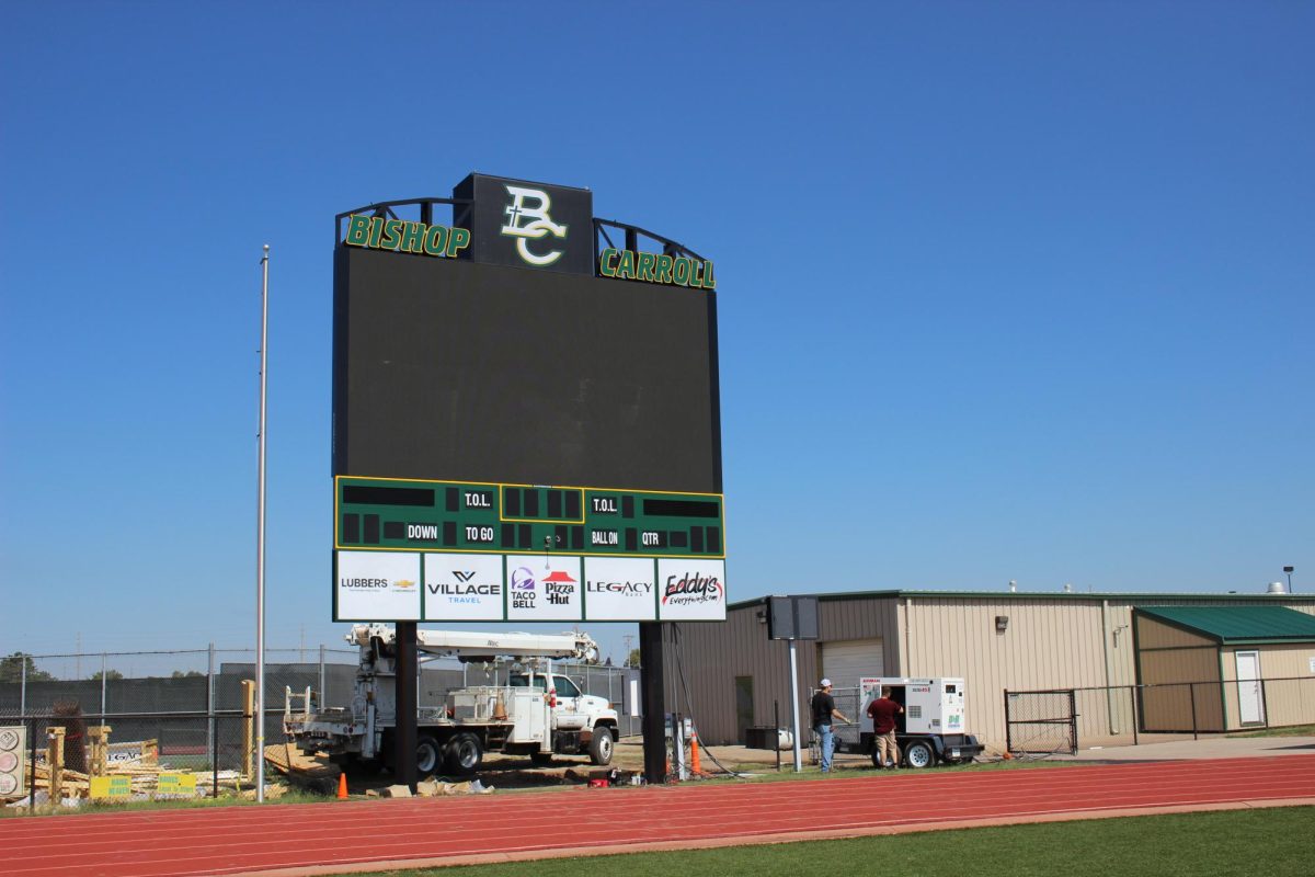 The new video board, paid for by donations, will show replays. Photo by Chelsea Blake